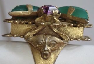 Unusual Vintage Gold Plate Faux Amethyst Chrysoprase Rhinestone Devil Face Ring