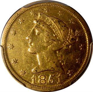 1851 - D $5 Gold Liberty Rare Dahlonega Gold,  Certified Pcgs Xf - 40,