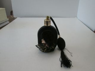 Vintage Ucagco Black Glass Perfume Bottle With Atomizer Face Lace & Fur 3897