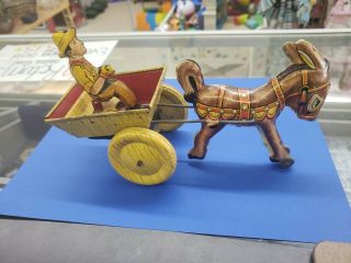 Vintage Marx Usa Tin Litho Wind - Up Horse Cart Buggy Wagon Carriage Drawn Rider