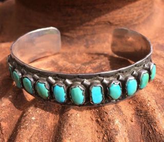 Vintage Turquoise Row Cuff Stamped Bracelet Sterling