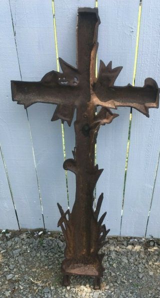 Antique Cast Iron Cross Crucifix Cemetery Grave Marker Very Ornate 4