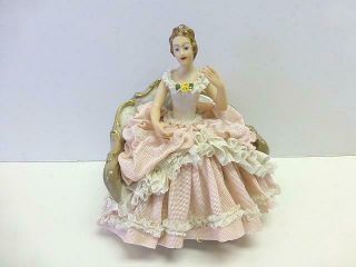 Antique Vintage Dresden Germany Lace Lady Seated On Fancy Couch Figurine 5.  5 "