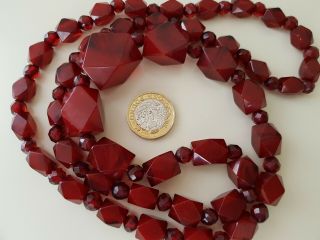 Art Deco Vintage Graduated Faceted Cherry Red Amber Bakelite Bead Necklace 36 "