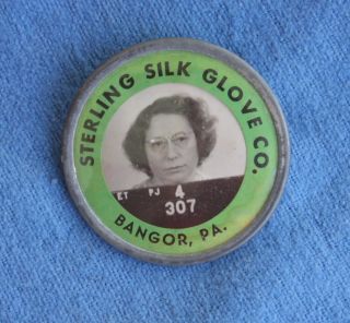 1940s Wwii Sterling Silk Glove Co,  Bangor Pa Female War Worker Photo Id Badge