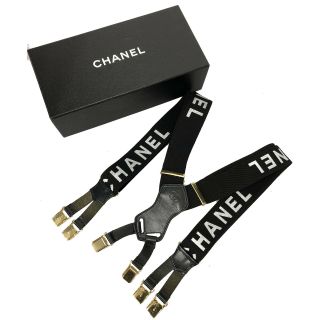 Chanel Logos Suspenders Black White Gold Tone Vintage France Authentic R983 M