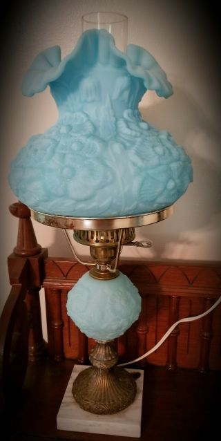Vintage Fenton Blue Satin Poppy Table Lamp