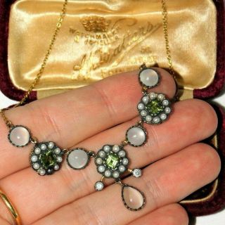 Fine,  Antique,  Vintage 9ct Gold Moonstone,  Peridot,  Pearl & Diamond Necklace