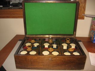 Antique Card Gambler Poker Player Chest 570 Clay Chips & Six Storage Racks