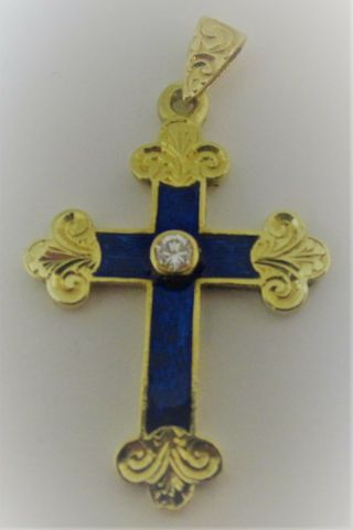 Vintage 18ky Gold Cross Pendant W/ Diamond & Blue Enamel In Fleur De Lis Design