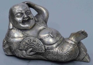 Collectable Auspicious Noble Old Handwork Miao Silver Carve Humor Buddha Statue 2