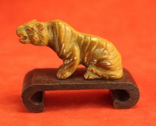 Vintage Chinese Carved Tiger Eye Stone - Roaring Tiger On Stand