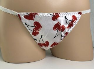 Vintage Polyester White Satin T/v/g - String Thong Bikini Panties Cherry Xl