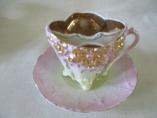 Vintage Mustache Cup And Saucer,  Footed,  Gold Interior And Decoration
