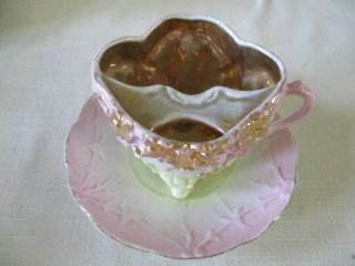 vintage mustache cup and saucer,  footed,  gold interior and decoration 3