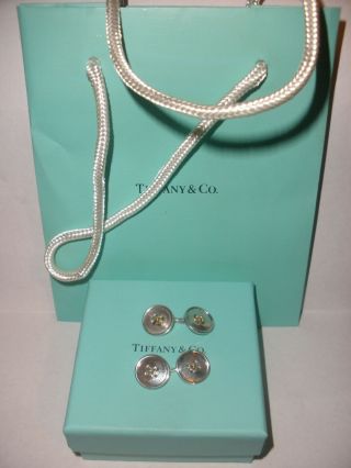 Vintage Tiffany & Co Sterling Silver 18k Gold Double Button Cufflinks Box & Bag