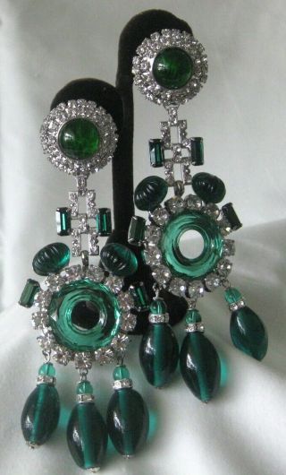Lawrence Vrba Art Deco Molded Green Glass & Rhinestones Chandelier Earrings