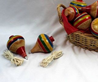 2 Mexican Classic Wooden Spin Tops / Trompo De Madera (assorted Colors)