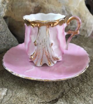 Vtg Bone China Doll Cup & Saucer - Pink W Gold Gilt Miniature Vintage Old