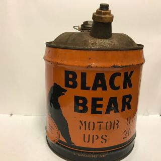 Vintage Black Bear Motor Oil Lubricant Orange 5 Gallon Can & Spout