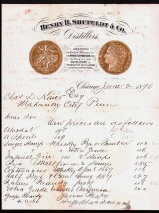 1890 Chicago Gold Medal Distillers Henry H Shufeldt Vintage Billhead Rare