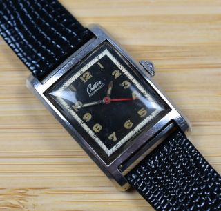 Vintage Croton Aquamedico Steel Tank Case Black Dial Watch Leather Band