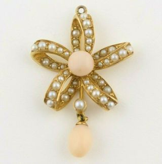 Antique Victorian 14k Gold Angel Skin Coral Flower Seed Pearl Dangle Pendant