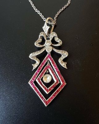Antique Edwardian Solid Silver Ruby & Diamond Paste Pendant Necklace