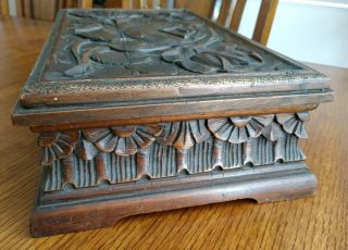 Antique Vintage Hand Carved Wood Hinged Bible Box Flower Carving On Lid 15 