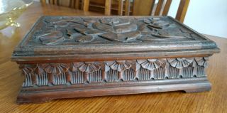 Antique Vintage Hand Carved Wood Hinged Bible Box Flower Carving On Lid 15 