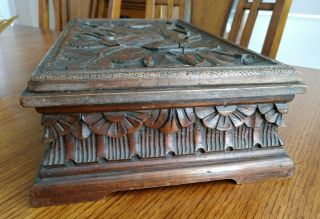 Antique Vintage Hand Carved Wood Hinged Bible Box Flower Carving On Lid 15 