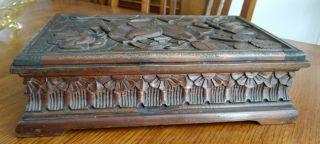 Antique Vintage Hand Carved Wood Hinged Bible Box Flower Carving On Lid 15 