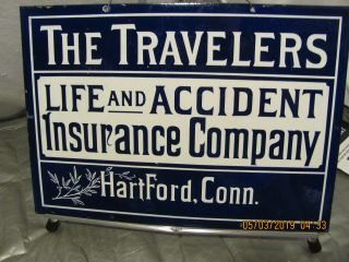 Antique Porcelain/steel Travelers Insurance Sign C.  1900