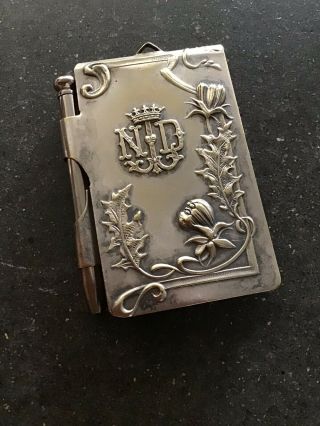 Notre Dame? HOLLY French Chatelaine Silverplate Dance Card Aide Memoir Xmas Antq 2
