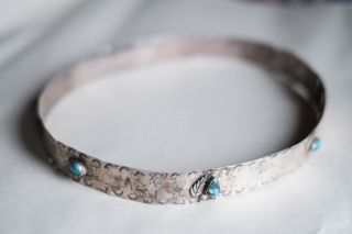 Old Pawn Vintage Navajo Hat Band Hand Hammered Sterling Silver Natural Turquoise