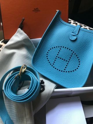 Hermes Tpm/mini Evelyne 16 Bag Tpm Blue With Gold Hardware Rare 2019