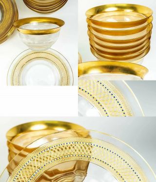 Rare Set Of 16 Pc Cut Crystal Finger Or Service Bowl And Saucers,  Moser,  Gold