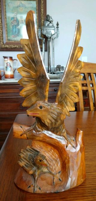 Vintage Folk Art Hand Carved Wood Eagle Statue 12 3/4 " Germany Black Forest