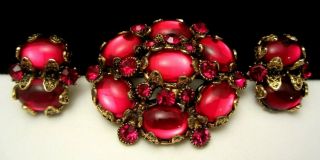 Rare Vintage Signed Hollycraft Goldtone Red Jelly Glass Brooch & Earring Set A74