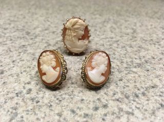 Vintage 14k Gold Yellow Cameo Non Pierced Screw Earrings With Ring 14 Grams
