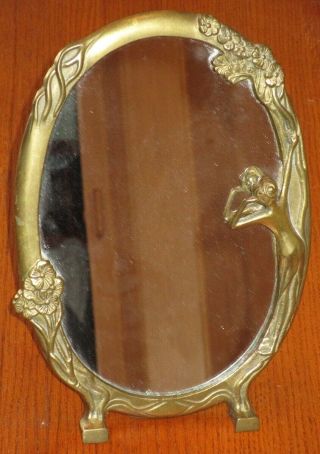 Antique Art Deco Brass Oval Lady In The Mirror Figural Vanity Mirror