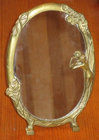 ANTIQUE ART DECO BRASS OVAL LADY IN THE MIRROR FIGURAL VANITY MIRROR 2