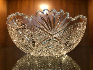 Antique American Brilliant Cut Glass Bowl W Hobstars,  Crosscutting,  Fans