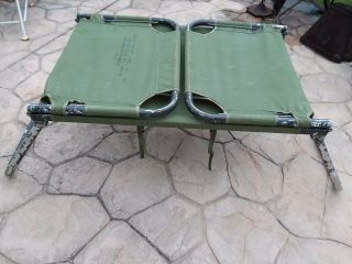 Vintage US Military Canvas Cot Folding Green Metal Portable Bed Camping 8