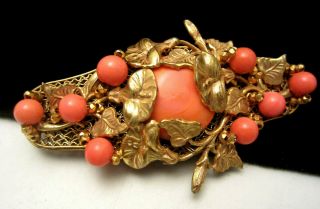Rare Vintage 3” Signed Miriam Haskell Goldtone Faux Coral Statement Brooch Pin