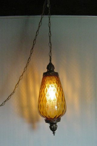 Vintage Mcm Optic Glass Hanging Amber Light Swag Lamp