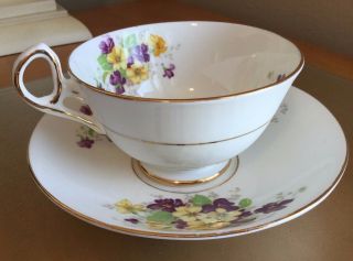 OLD ROYAL Bone China Cup & Saucer Set Yellow Purple Flowers Floral ENGLAND 2