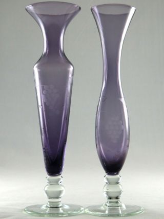 Antique Glass Set Glastonbury Lotus Amethyst Glass Cut Grape & Vine Bud Vases