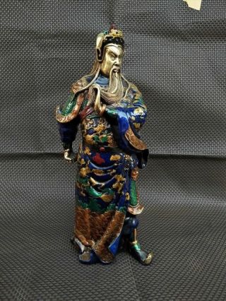 Chinese Bronze Cloisonne Enamel Dragon Guan Gong Yu Warrior God Statue