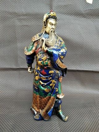Chinese Bronze Cloisonne Enamel Dragon Guan Gong Yu Warrior God Statue 2
